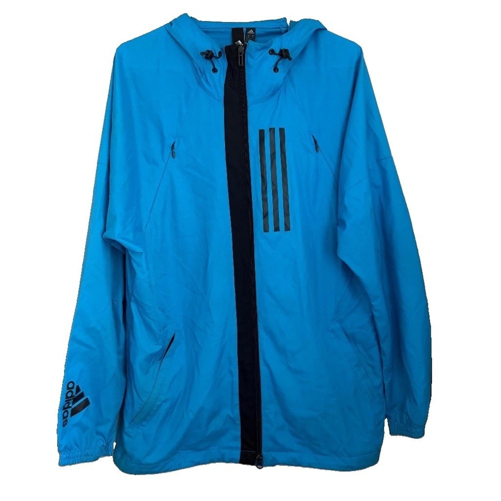 Adidas WND Blue Windbreaker Jacket Sz M Full Zip Hooded Athletic Running Outdoor